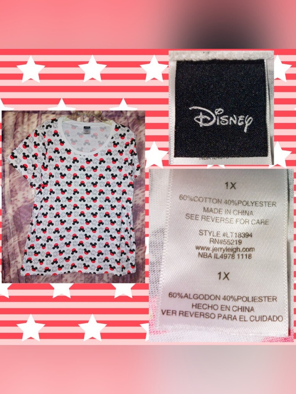 Disney brand White/Black/Red Mickey Mouse Head & Gloves Print Soft Knit Tee 1X
